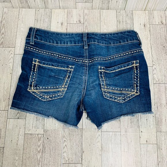 Maurices Embroidered Jean Shorts Juniors Sz XS Blue Denim Destroyed Cutoff Stret - Picture 11 of 11
